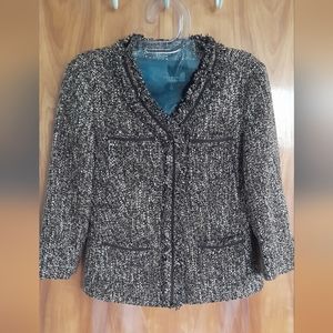 Talbots Tweed Jacket Size 2  Blazer Crest Button Brown White Fringed Pocket